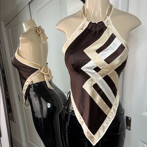Chic Brown and Cream silk Halter Top Bebe Xs